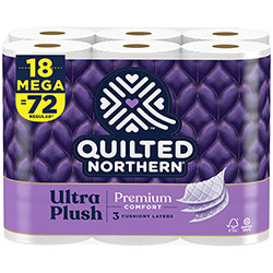 Quilted Northern Ultra Plush Bathroom Tissue, Mega Roll, Septic Safe, 3-Ply, White, 255 Sheets/Roll, 18 Rolls/Carton