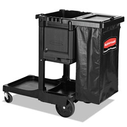 Rubbermaid Executive Janitorial Cleaning Cart, Plastic, 4 Shelves, 1 Bin, 12.1 in x 22.4 in x 23 in, Black