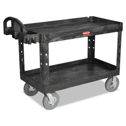 Rubbermaid BRUTE Heavy-Duty Utility Cart with Lipped Shelves, Plastic, 2 Shelves, 750 lb Capacity, 26 in x 55 in x 33.25 in, Black