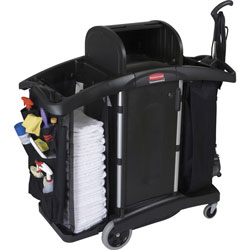 Rubbermaid High-Security Housekeeping Cart, Plastic, 3 Shelves, 2 Bins, 22 in x 51.75 in x 53.5 in, Black/Silver