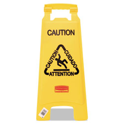 Rubbermaid Multilingual "Caution" Floor Sign, 11 x 12 x 25, Bright Yellow (6112YL)