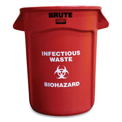 Rubbermaid Vented Round Brute Container,  inInfectious Waste: Biohazard in Imprint, 32 gal, Plastic, Red