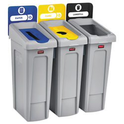 Rubbermaid Slim Jim Recycling Station Kit, 3-Stream Landfill/Paper/Bottles/Cans, 69 gal, Plastic, Blue/Gray/Yellow