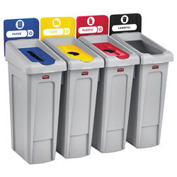 Rubbermaid Slim Jim Recycling Station Kit, 4-Stream Landfill/Paper/Plastic/Cans, 92 gal, Plastic, Blue/Gray/Red/Yellow