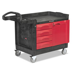 Rubbermaid TradeMaster Cart with One Door, Plastic, 3 Shelves, 4 Drawers, 750 lb Capacity, 26.25 in x 49 in x 38 in, Black