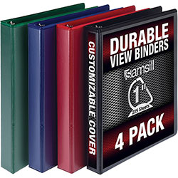 Samsill Durable D-Ring View Binders, 3 Rings, 1 in Capacity, 11 x 8.5, Black/Blue/Green/Red, 4/Pack