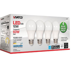 Satco Bulb, Led, 10W, A19, 5000K, 2-1/2 inX9-4/5 inX4-1/2 in , 4/Pk, We