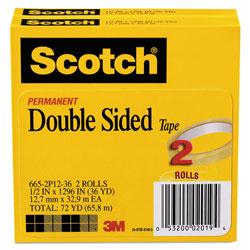 Scotch™ Double-Sided Tape, 3 in Core, 0.5 in x 36 yds, Clear, 2/Pack