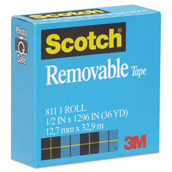 Scotch™ Removable Tape, 1 in Core, 0.5 in x 36 yds, Transparent