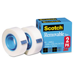 Scotch™ Removable Tape, 1 in Core, 0.75 in x 36 yds, Transparent, 2/Pack