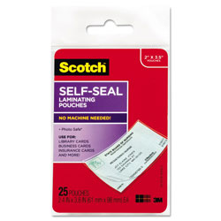 Scotch™ Self-Sealing Laminating Pouches, 9.5 mil, 3.88 in x 2.44 in, Gloss Clear, 25/Pack