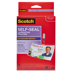 Scotch™ Self-Sealing Laminating Pouches, 12.5 mil, 2.31 in x 4.06 in, Gloss Clear, 25/Pack