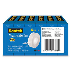 Scotch™ Wall-Safe Tape, 1 in Core, 0.75 in x 66.66 ft, Clear, 6/Pack