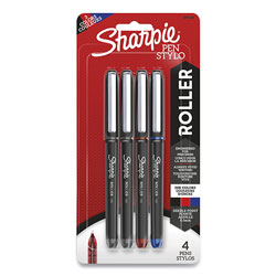 Sharpie® Roller Ball Stick Pen, Fine 0.5 mm, Assorted Ink, Black Barrel, 4/Pack