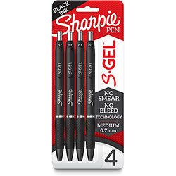 Sharpie® S-Gel High-Performance Gel Pen, Retractable, Medium 0.7 mm, Black Ink, Black Barrel, 4/Pack