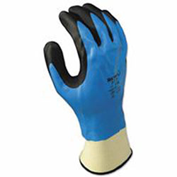 Showa 377 Liquid Resistant Nitrile/Nitrile Foam Coated Gloves, Large, Black/Blue/White
