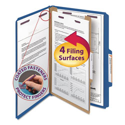 Smead Four-Section Pressboard Top Tab Classification Folders with SafeSHIELD Fasteners, 1 Divider, Legal Size, Dark Blue, 10/Box (SMD18732)