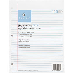 Sparco filler paper, college ruled with margin line, 11"x8 1/2", white