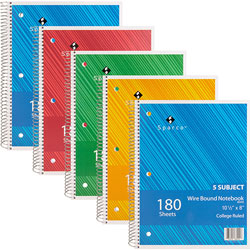 Sparco Notebook, 5 Subject, 10-1/2 inx8 in, College Ruled, 180 Sheet, 5/BD, AST