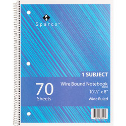 Sparco Notebooks, Wirebound, 1 Subject, 10 1/2"x8", Wide Ruled, 70 SH