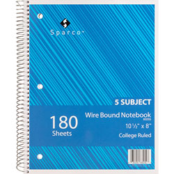 Sparco Notebooks, Wirebound, 3 Subject, 10 1/2" x 8" College Ruled, 120SH