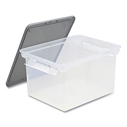 Storex Tote with Locking Handles, Legal/Letter, 13.9 in x 18.3 in x 10.6 in, Clear/Silver, 4/Carton