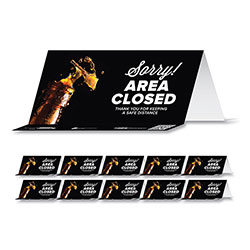 Tabbies BeSafe Messaging Table Top Tent Card, 8 x 3.87, Sorry! Area Closed Thank You For Keeping A Safe Distance, Black, 10/Carton