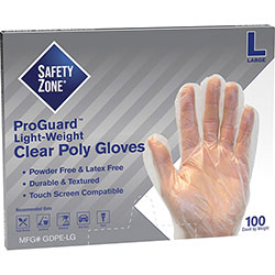 The Safety Zone Clear Powder Free Polyethylene Gloves - Large Size - 100 / Box - 11.75 in Glove Length