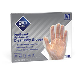 The Safety Zone Clear Powder Free Polyethylene Gloves - Medium Size - 100 / Box - 11.75 in Glove Length