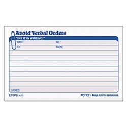 TOPS Avoid Verbal Orders Manifold Book, Two-Part Carbonless, 6.25 x 4.25, 1/Page, 50 Forms