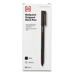 TRU RED™ Gripped Ballpoint Pen, Stick, Medium 1 mm, Black Ink, Black Barrel, Dozen