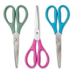 U Brands U ECO Scissors. Concave Tip, 9.45 in Long, 3 in Cut Length, Assorted Straight Handle, 3/Pack