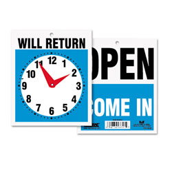 U.S. Stamp & Sign Double-Sided Open/Will Return Sign w/Clock Hands, Plastic, 7 1/2 x 9