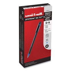 Uni-Ball Jetstream 101 Roller Ball Pen, Stick, Bold 1 mm, Blue Ink, Black/Blue Barrel, Dozen