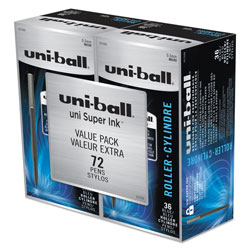 Uni-Ball Stick Roller Ball Pen, Micro 0.5mm, Blue Ink, Black Barrel, 72/Pack
