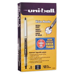 Uni-Ball VISION Needle Stick Roller Ball Pen, Fine 0.7mm, Black Ink, Silver Barrel, Dozen