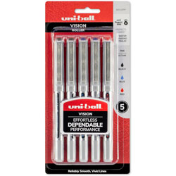 Uni-Ball Vision Rollerball Pen - Fine Pen Point - 0.7 mm Pen Point Size - Black, Blue, Red - 5 / Pack