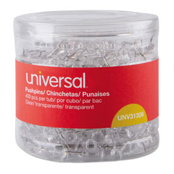 Universal Clear Push Pins, Plastic, Clear, 0.38 in, 400/Pack