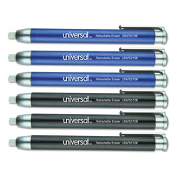 Universal Pen-Style Retractable Eraser, For Pencil Marks, White Eraser, Assorted Barrel Colors, 6/Pack