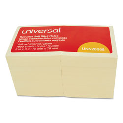 Universal Recycled Self-Stick Note Pads, 3 in x 3 in, Yellow, 100 Sheets/Pad, 18 Pads/Pack