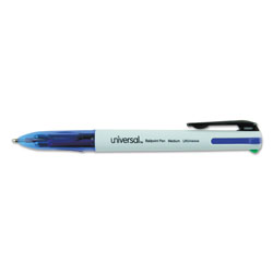 Universal 4-Color Multi-Color Ballpoint Pen, Retractable, Medium 1 mm, Black/Blue/Green/Red Ink, White/Translucent Blue Barrel, 3/Pack