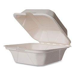 Vegware™ White Molded Fiber Clamshell Containers, 6 x 12 x 2, White, Sugarcane, 400/Carton