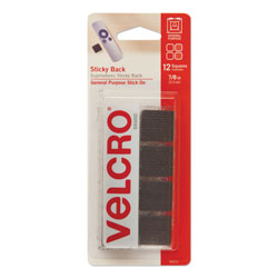 Velcro Sticky-Back Fasteners, Removable Adhesive, 0.88 in x 0.88 in, Black, 12/Pack