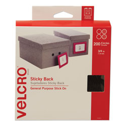 Velcro Sticky-Back Fasteners, Removable Adhesive, 0.75 in dia, Black, 200/Box