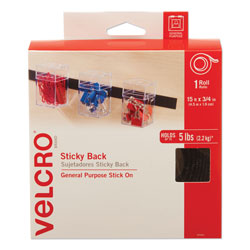 Velcro Sticky-Back Fasteners with Dispenser, Removable Adhesive, 0.75 in x 15 ft, Black