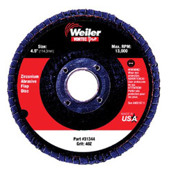 Weiler Vortec Pro® Abrasive Flap Disc, 4-1/2 in dia, 60 Grit, 7/8 Arbor, 13000 rpm, Type 29