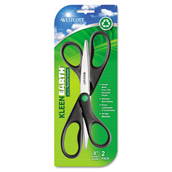 Westcott® KleenEarth Scissors, 8 in Long, 3.25 in Cut Length, Black Straight Handles, 2/Pack
