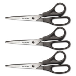 Westcott® Value Line Stainless Steel Shears, 8 in Long, 3.5 in Cut Length, Black Offset Handles, 3/Pack