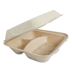 World Centric Fiber Hinged Containers, 3-Compartment, 9.3 x 9 x 3.3, Natural, Paper, 300/Carton