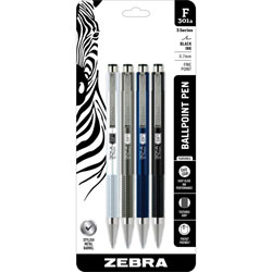 Zebra Pen 301A Stainless Steel Retractable Ballpoint Pens - Fine Pen Point - 0.7 mm Pen Point Size - Retractable - Black - Silver Aluminum, Gray, Navy, Black Barrel - 4 / Pack